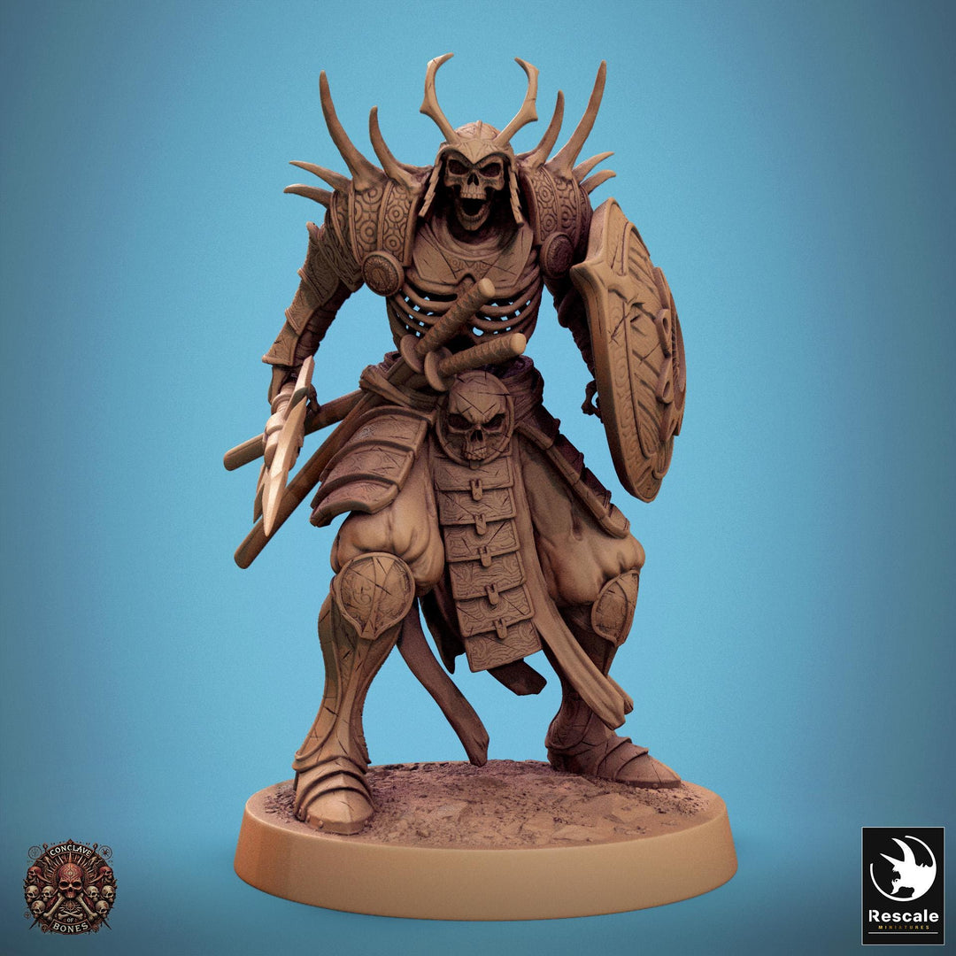 Skeleton Oriental Warrior Spear and Shield | Undead Unpainted miniature DnD | 28mm, 32mm, 54mm, 75mm,100mm | Pathfinder | Rescale Miniatures