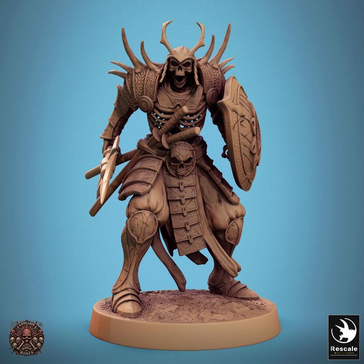 Skeleton Oriental Warrior Spear and Shield | Undead Unpainted miniature DnD | 28mm, 32mm, 54mm, 75mm,100mm | Pathfinder | Rescale Miniatures
