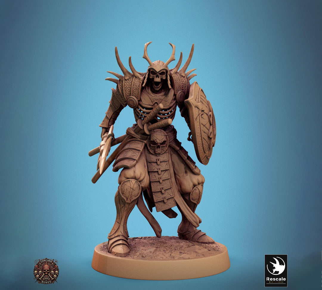 Skeleton Oriental Warrior Spear and Shield | Undead Unpainted miniature DnD | 28mm, 32mm, 54mm, 75mm,100mm | Pathfinder | Rescale Miniatures