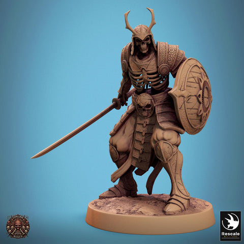 Skeleton Oriental Warrior Sword and Shield | Undead Unpainted miniature DnD | 28mm, 32mm, 54mm, 75mm,100mm | Pathfinder | Rescale Miniatures