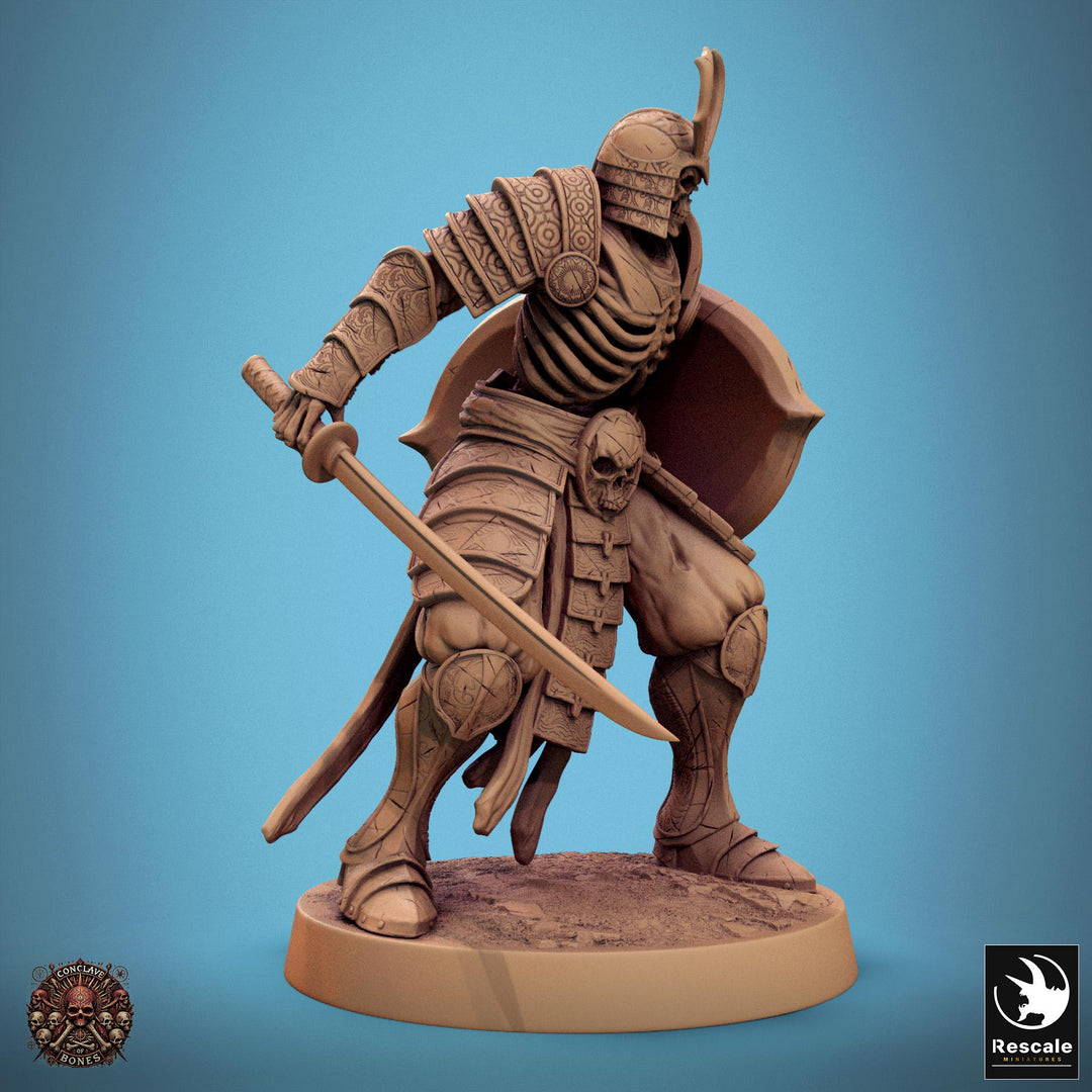 Skeleton Oriental Warrior Sword and Shield | Undead Unpainted miniature DnD | 28mm, 32mm, 54mm, 75mm,100mm | Pathfinder | Rescale Miniatures