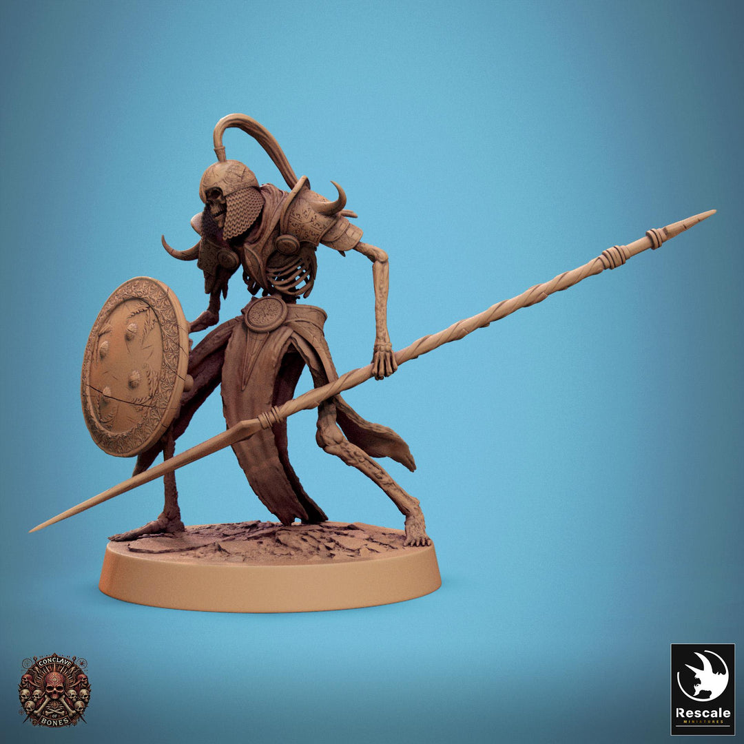 Skeleton Persian Warrior Spear and Shield | Undead Unpainted miniature DnD | 28mm, 32mm, 54mm, 75mm,100mm | Pathfinder | Rescale Miniatures
