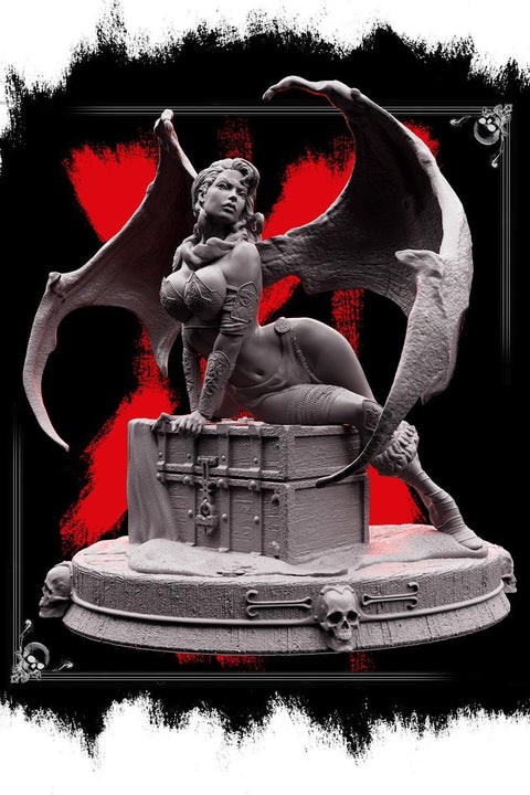 Succubus Female Demon Guarding Treasure Chest NPC also NSFW (topless) | 28mm,32mm,54mm,75mm,100mm Scales | Dungeons & Dragons 5e |Pathfinder