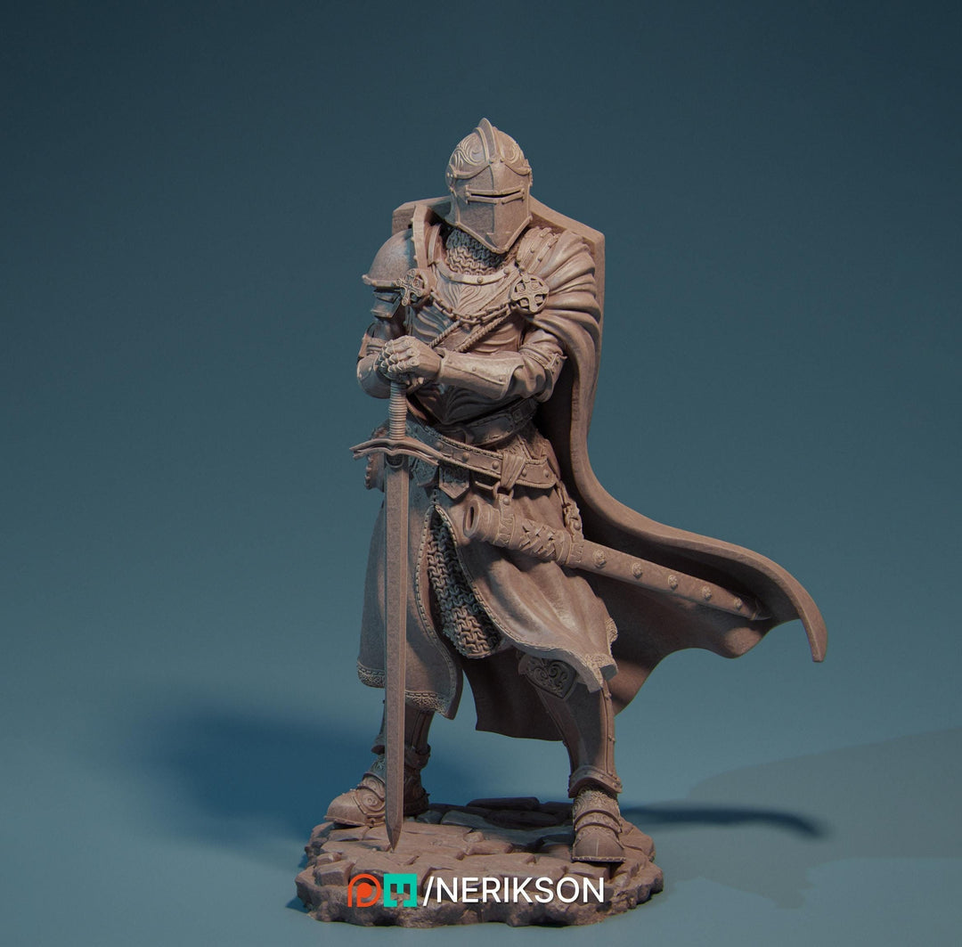 Human Paladin Fighter Sword &amp; Shield |Unpainted Miniature| 28mm,32mm,54mm,75mm,100mm Scales | Pathfinder Figure | DnD Figurine | NERIKSON
