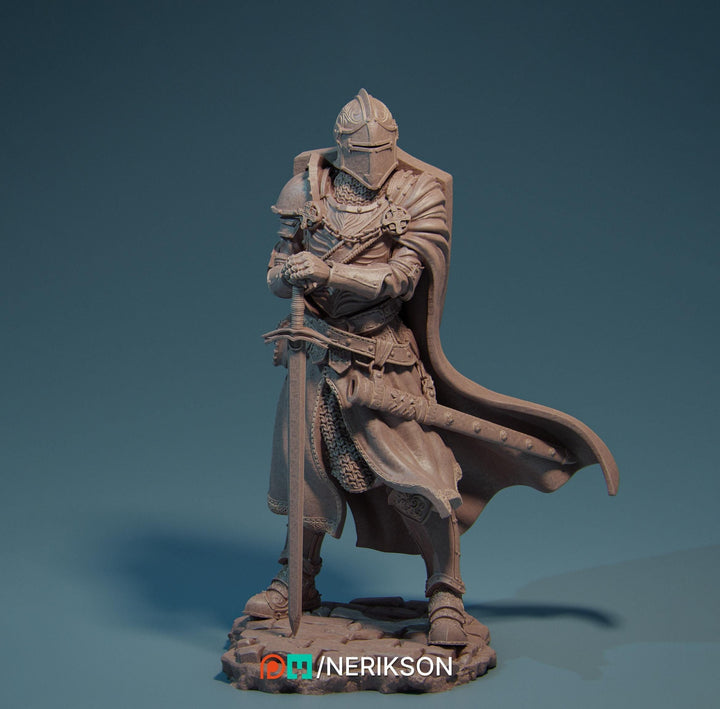 Human Paladin Fighter Sword &amp; Shield |Unpainted Miniature| 28mm,32mm,54mm,75mm,100mm Scales | Pathfinder Figure | DnD Figurine | NERIKSON