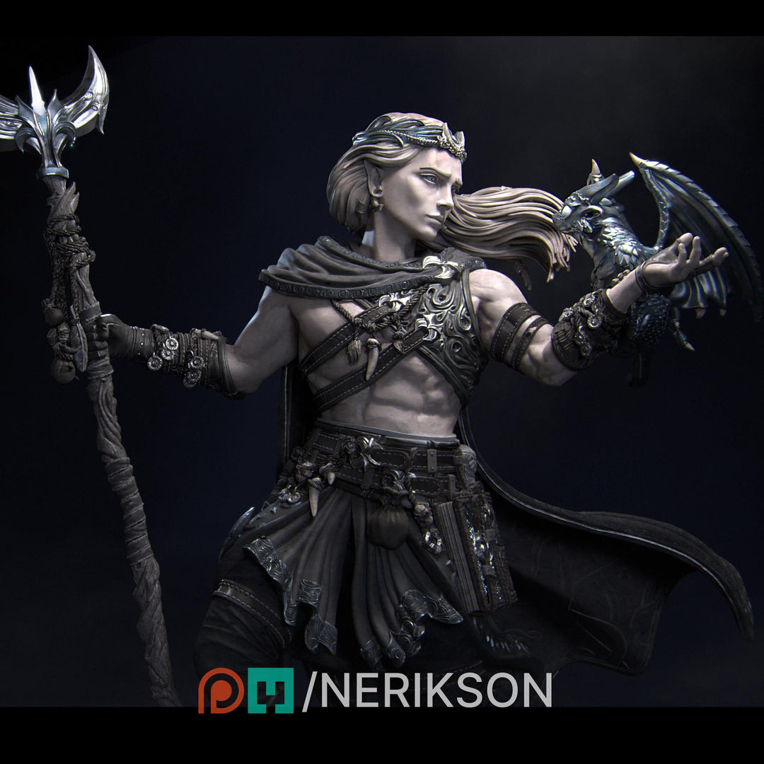 Elf Druid Circle of Moon, Stars with Staff UNPAIINTED Miniature | 28mm, 32mm,54mm,75mm,100mm,140mm Scales | Dungeons & Dragons 5E | NERIKSON