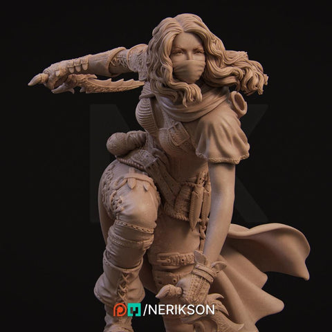 Female Human Rogue Assassin PC / NPC Unpainted Miniature | 28mm, 32mm,54mm,75mm, 100mm Scales | Dungeons and Dragons Pathfinder | NERIKSON