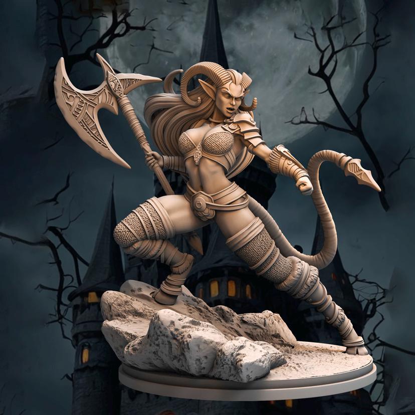 Tiefling Female Barbarian, Fighter, Ranger PC NPC Miniature NSFW Topless versions | 28mm,32mm,54mm,75mm,100mm Scales |Dungeons & Dragons 5e