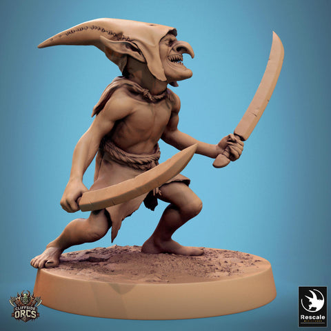 Goblin Dual Swords Fighter | D&D 5e UNPAINTED | 28mm, 32mm,54mm,75mm, 100mm scale| Pathfinder | Figure for Painting| Rescale Miniatures