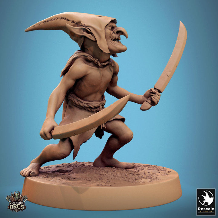 Goblin Dual Swords Fighter | D&amp;D 5e UNPAINTED | 28mm, 32mm,54mm,75mm, 100mm scale| Pathfinder | Figure for Painting| Rescale Miniatures