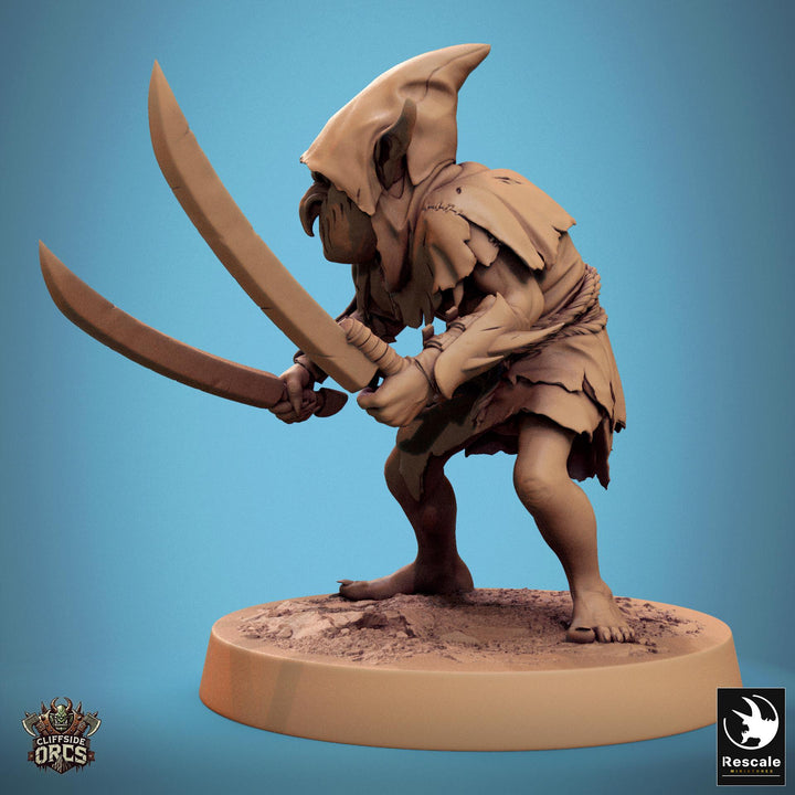 Goblin Dual Swords Fighter | D&amp;D 5e UNPAINTED | 28mm, 32mm,54mm,75mm, 100mm scale| Pathfinder | Figure for Painting| Rescale Miniatures