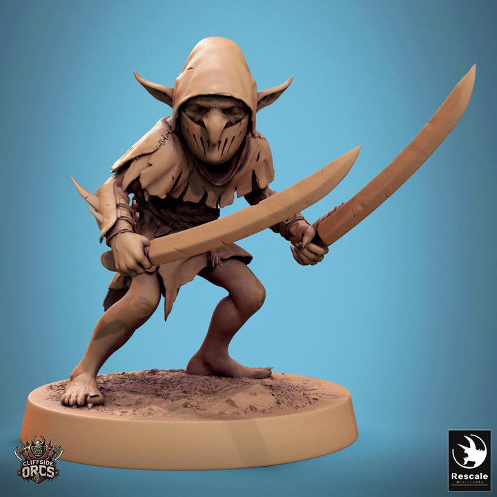 Goblin Dual Swords Fighter | D&amp;D 5e UNPAINTED | 28mm, 32mm,54mm,75mm, 100mm scale| Pathfinder | Figure for Painting| Rescale Miniatures