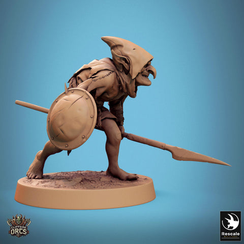 Goblin Spear and Shield Fighter | D&D 5e UNPAINTED | 28mm, 32mm,54mm,75mm, 100mm scale| Pathfinder | Figure for Painting| Rescale Miniatures