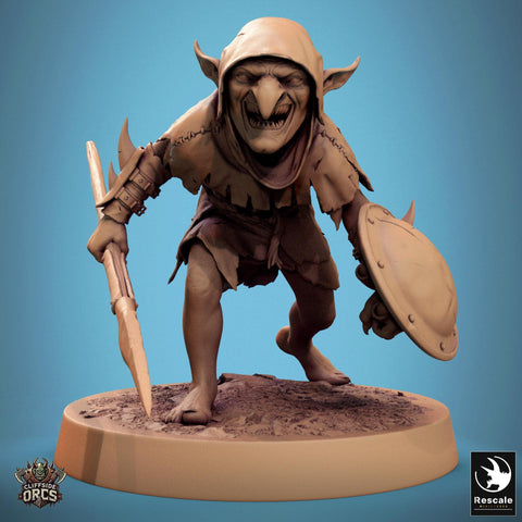 Goblin Spear and Shield Fighter | D&D 5e UNPAINTED | 28mm, 32mm,54mm,75mm, 100mm scale| Pathfinder | Figure for Painting| Rescale Miniatures