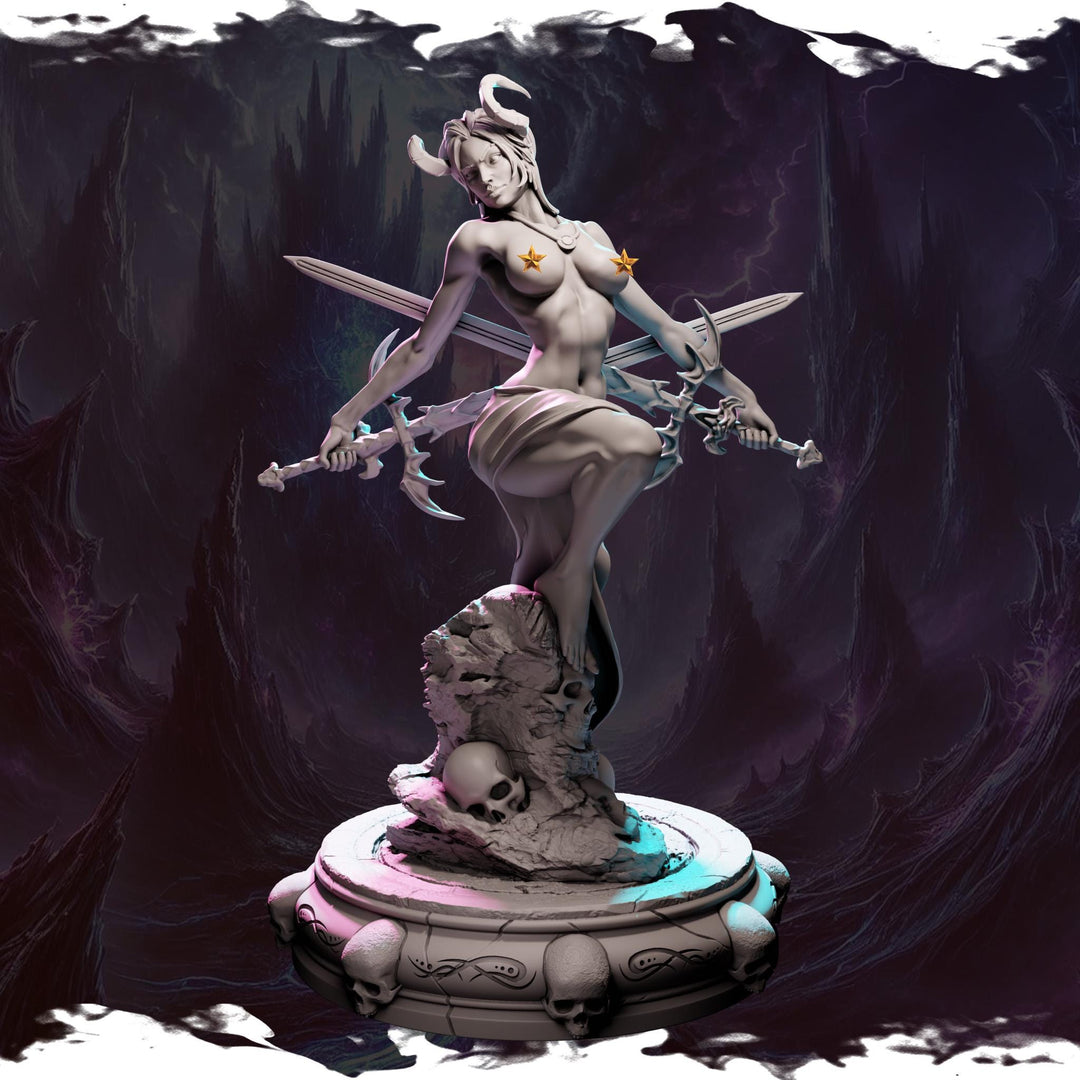 Female Tiefling Monk, Wizard Bladesinger PC NPC Unpainted Resin Miniature D&amp;D 5e | NSFW Topless version | 28mm, 32mm,54mm,75mm,100mm Scales