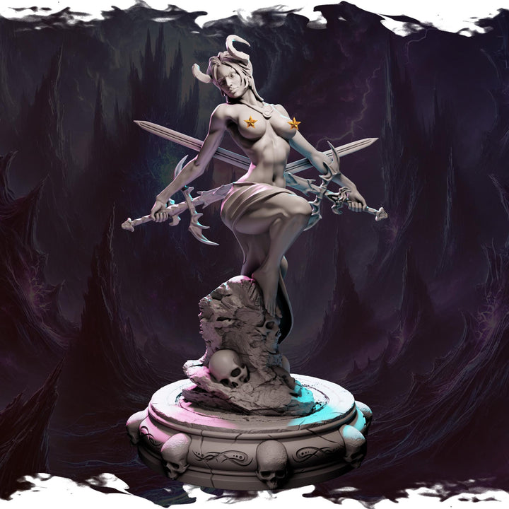 Female Tiefling Monk, Wizard Bladesinger PC NPC Unpainted Resin Miniature D&amp;D 5e | NSFW Topless version | 28mm, 32mm,54mm,75mm,100mm Scales