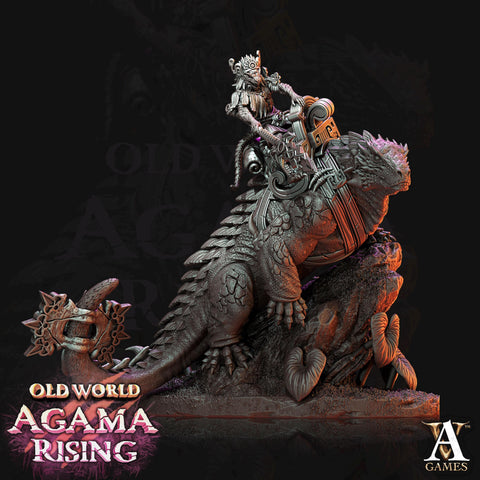 Lizardman mounted on Dinosaur | 28mm, 32mm, Wargame Proxy Scales, 165mm long | Archvillain Games | Dungeons and Dragons 5e Pathfinder |