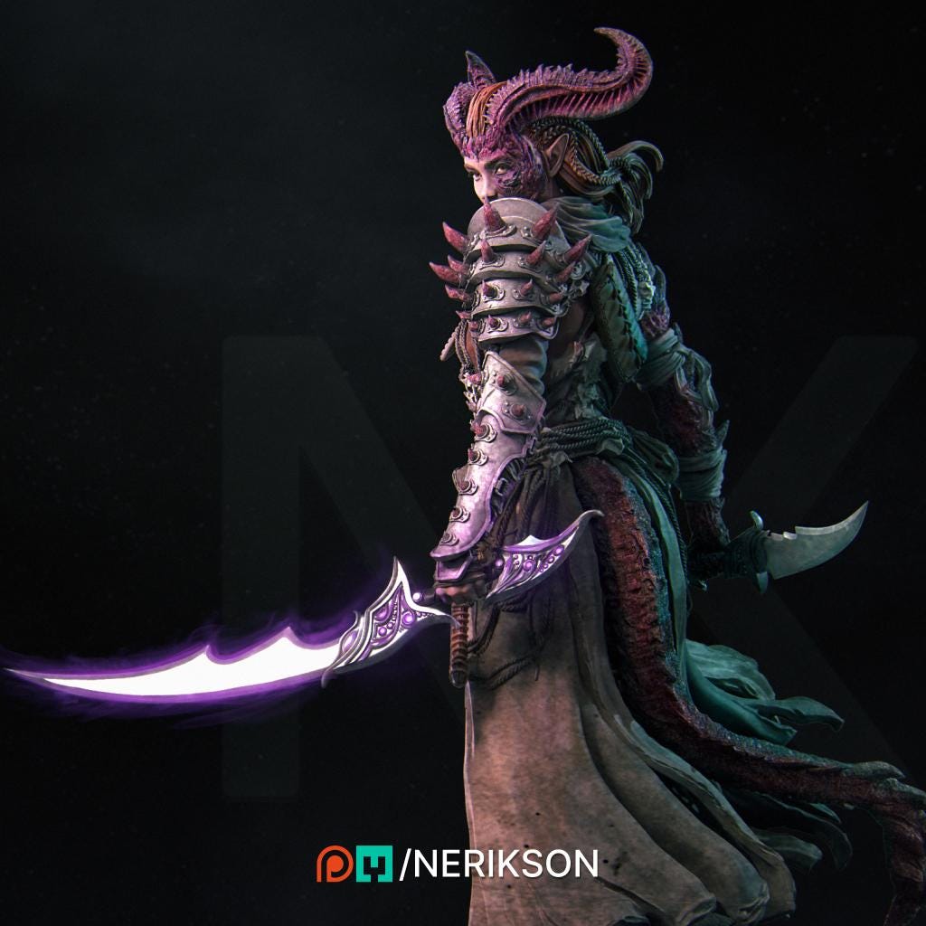 Female Tiefling Rogue Assassin Fighter PC/ NPC Unpainted Figure | 28mm,32mm,54mm,75mm,100mm Scales | Dungeons & Dragons Pathfinder |NERIKSON