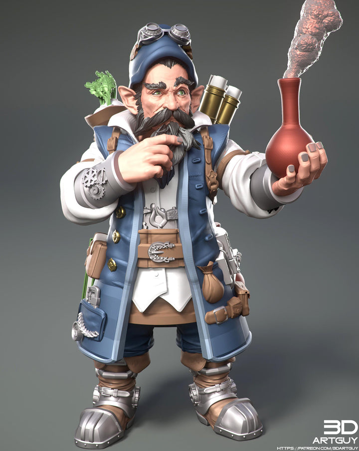 Gnome Alchemist Artificer PC/ NPC | UNPAINTED Miniature | 28mm, 32mm, 54mm, 75mm Scales | Pathfinder | DnD | Figurine unpainted | 3DArtGuy
