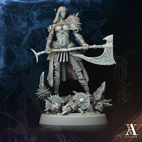 Human Female Fighter with Axe | Unpainted Miniature | 28mm,32mm,54mm,75mm,100mm Scales | Pathfinder Figure | DnD Mini | Archvillain Games