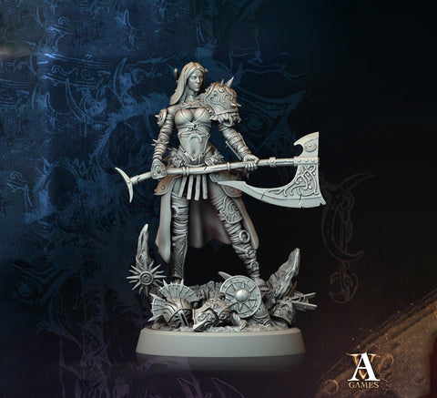 Human Female Fighter with Axe | Unpainted Miniature | 28mm,32mm,54mm,75mm,100mm Scales | Pathfinder Figure | DnD Mini | Archvillain Games