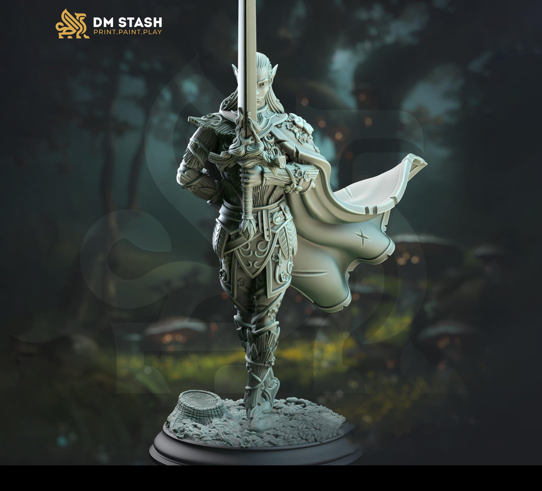 Wood Elf Paladin, Fighter Duelist Knight Miniature | 28mm, 32mm,54mm,75mm, 100mm Scales | Dungeons and Dragons Pathfinder | DM Stash