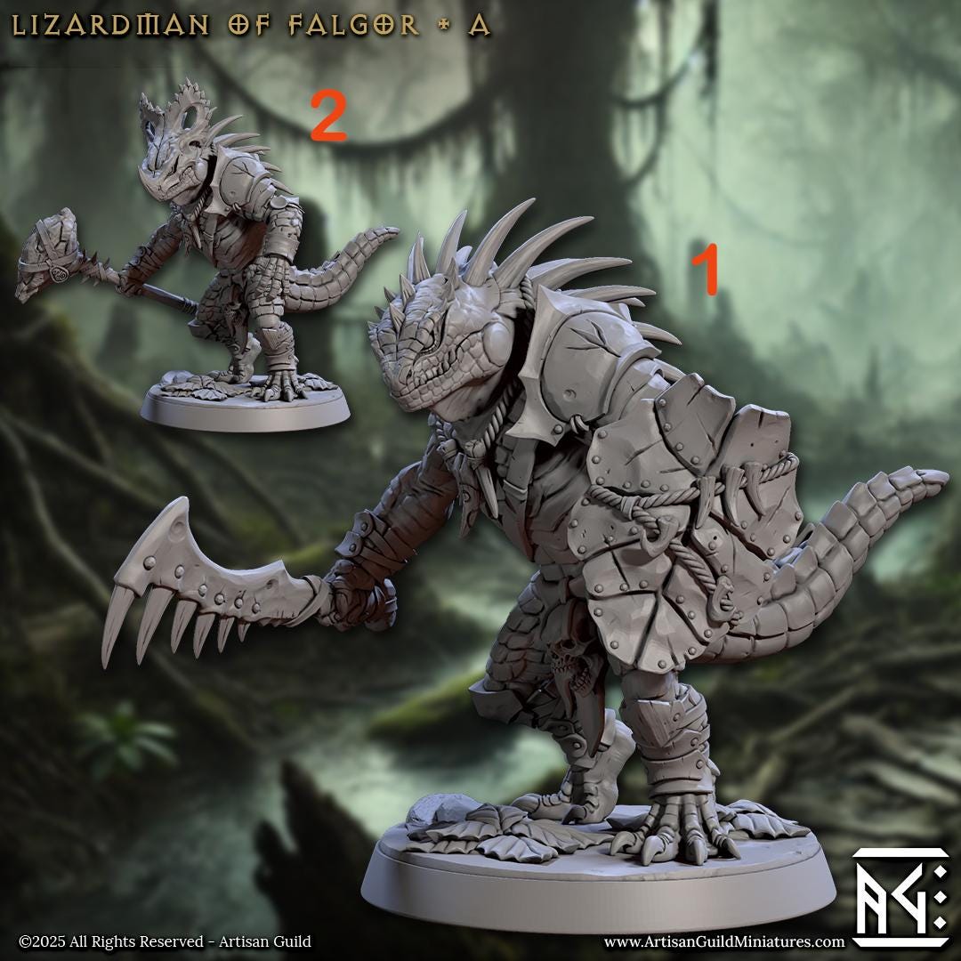 Lizardman Lizardfolk, Fighter, Ranger, Paladin PC NPC | 28mm,32mm,54mm,75mm,100mm Scale Resin Miniature | Dungeons &amp; Dragons |Artisan Guild