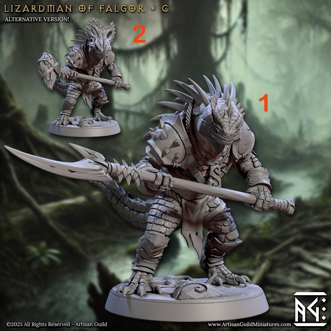 Lizardman Lizardfolk, Fighter, Ranger, Paladin PC NPC | 28mm,32mm,54mm,75mm,100mm Scale Resin Miniature | Dungeons &amp; Dragons |Artisan Guild