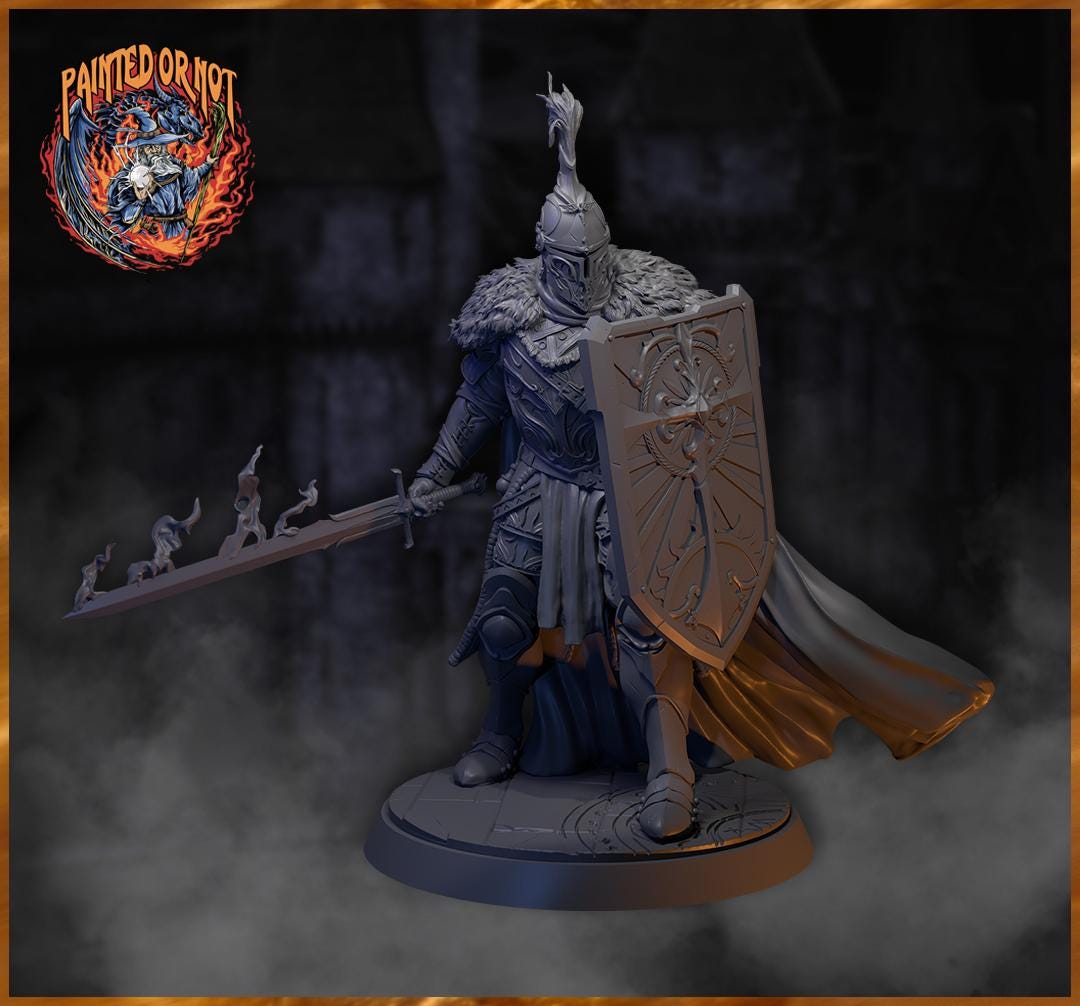 Human Paladin Fighter Sword &amp; Shield, Paintedornot Original Design Unpainted Mini | 28mm, 32mm, 54mm,75mm, 100mm Scales | Pathfinder |DnD 5e