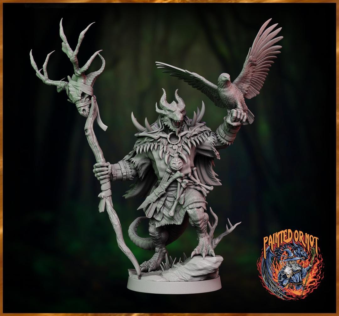 Dragonborn Druid, Wizard, PaintedorNot Original Design Unpainted Mini | 28mm,32mm, 54mm,75mm, 100mm Scales | Dungeons & Dragons | Pathfinder