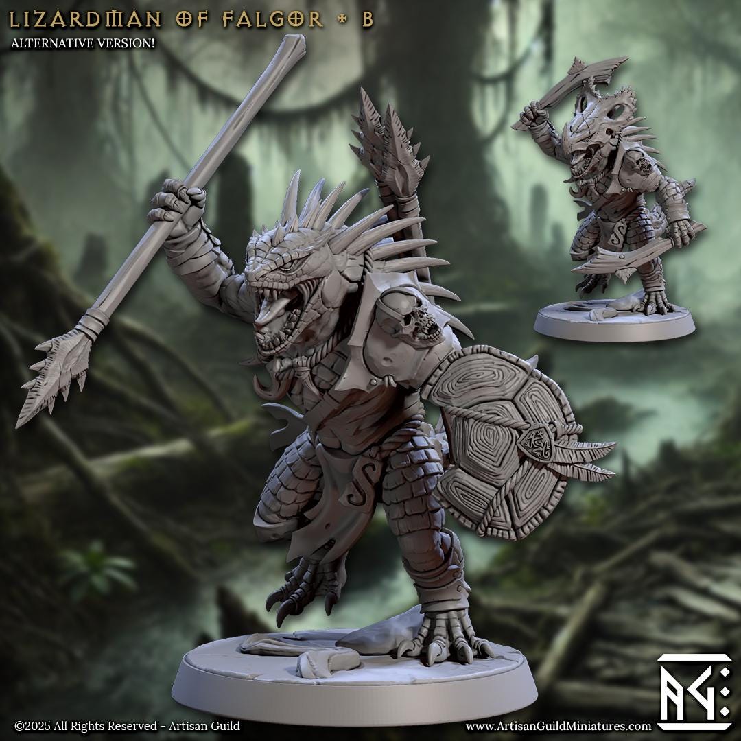 Lizardman Lizardfolk, Fighter, Ranger, Paladin PC NPC | 28mm,32mm,54mm,75mm,100mm Scale Resin Miniature | Dungeons &amp; Dragons |Artisan Guild