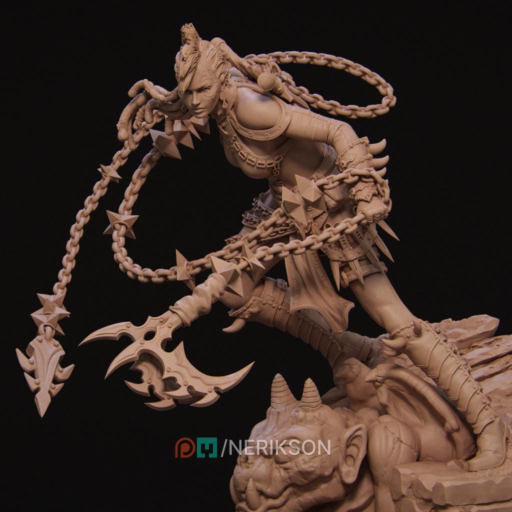 Human Female Fighter, Monk Spike Chain Weapon PC / NPC Unpainted D&amp;D 5e | 28mm,32mm,54mm,75mm,100mm | Pathfinder|