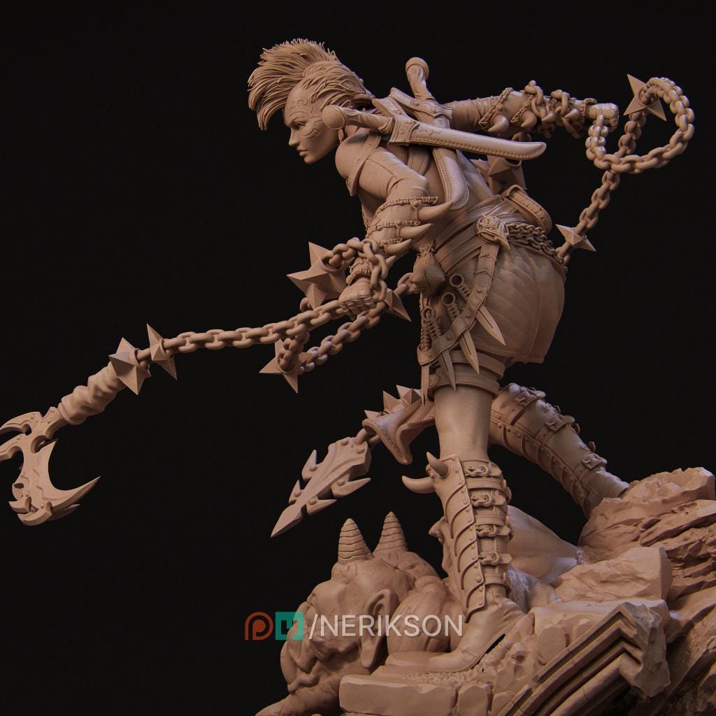 Human Female Fighter, Monk Spike Chain Weapon PC / NPC Unpainted D&amp;D 5e | 28mm,32mm,54mm,75mm,100mm | Pathfinder|