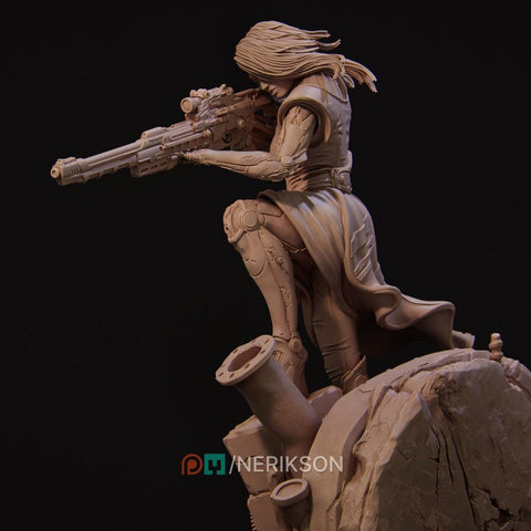 Sci-Fi Female Cyborg Sniper Assassin | Unpainted Resin Miniature | Display Details | 28mm,32mm,54mm,75mm,100mm Scales |