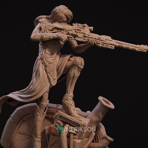 Sci-Fi Female Cyborg Sniper Assassin | Unpainted Resin Miniature | Display Details | 28mm,32mm,54mm,75mm,100mm Scales |