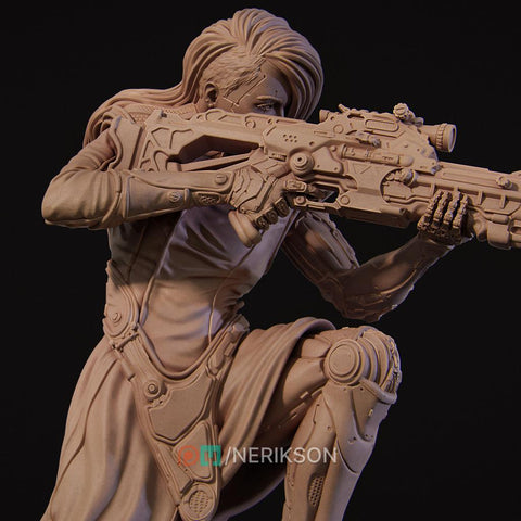 Sci-Fi Female Cyborg Sniper Assassin | Unpainted Resin Miniature | Display Details | 28mm,32mm,54mm,75mm,100mm Scales |