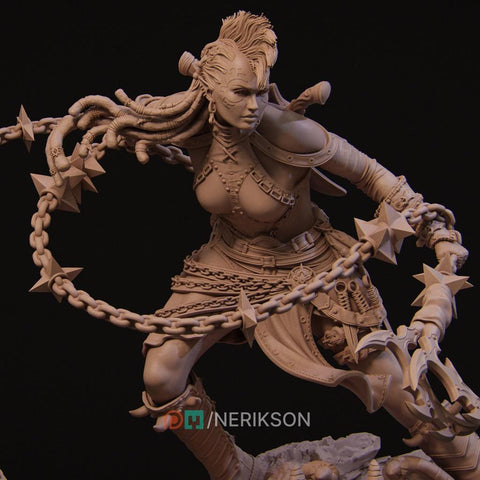 Human Female Fighter, Monk Spike Chain Weapon PC / NPC Unpainted D&D 5e | 28mm,32mm,54mm,75mm,100mm | Pathfinder|