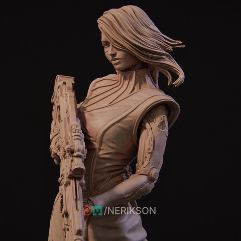 Sci-Fi Female Cyborg Sniper Assassin | Unpainted Resin Miniature | Display Details | 28mm,32mm,54mm,75mm,100mm Scales |