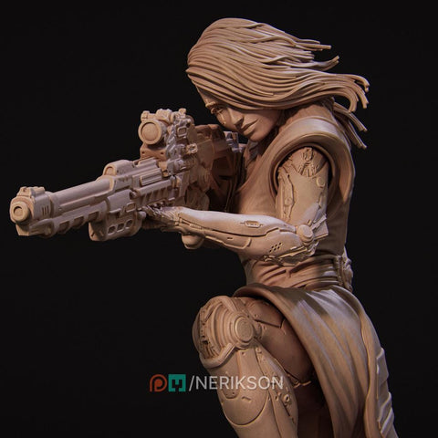 Sci-Fi Female Cyborg Sniper Assassin | Unpainted Resin Miniature | Display Details | 28mm,32mm,54mm,75mm,100mm Scales |