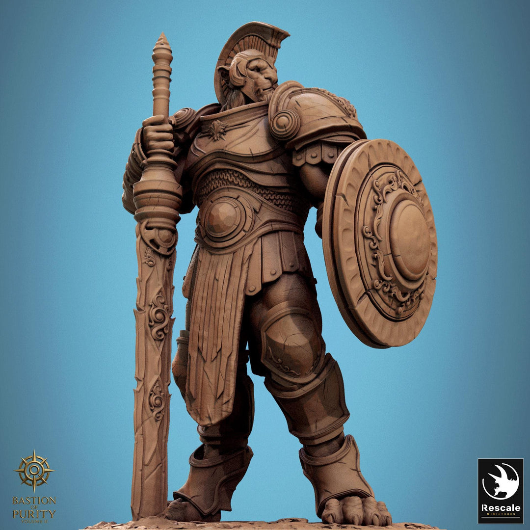 Leonin LionFolk Fighter in Armor | 28mm, 32mm, 54mm, 75mm Scales,100mm Tall | Dungeons and Dragons D&amp;D 5e | Pathfinder| Daybreak Miniatures