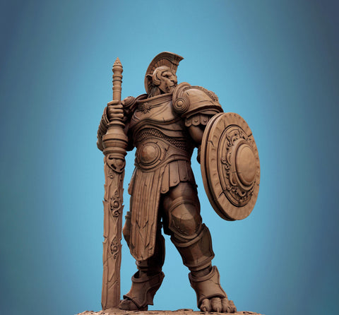Leonin LionFolk Fighter in Armor | 28mm, 32mm, 54mm, 75mm Scales,100mm Tall | Dungeons and Dragons D&D 5e | Pathfinder| Daybreak Miniatures