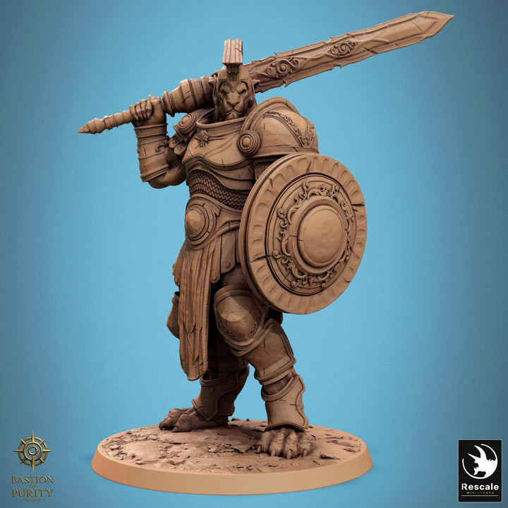 Leonin LionFolk Fighter in Armor | 28mm, 32mm, 54mm, 75mm Scales,100mm Tall | Dungeons and Dragons D&amp;D 5e | Pathfinder| Daybreak Miniatures