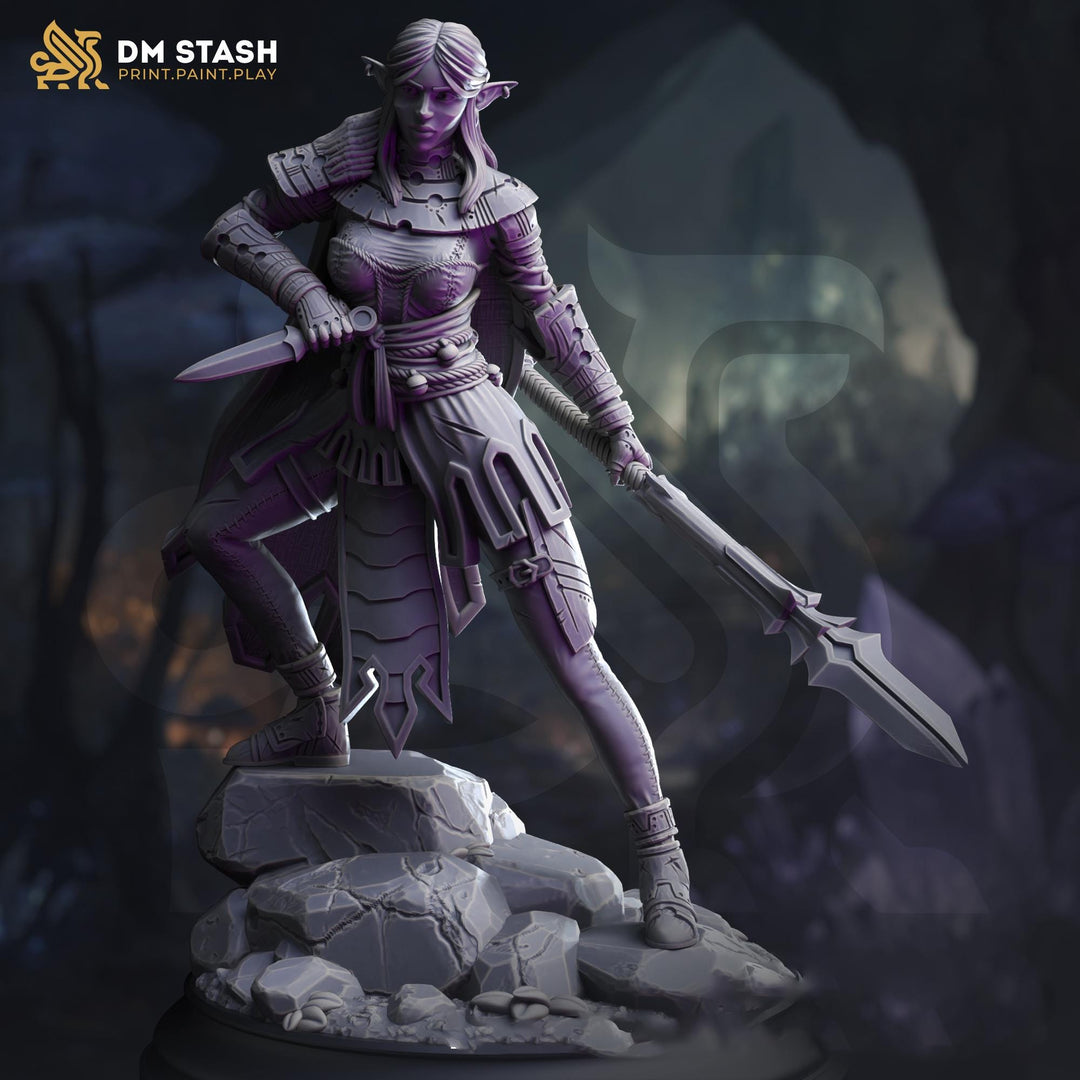 Dark Elf Female Ranger ,Fighter Polearm Master PC/ NPC Miniature | 28mm,32mm,54mm,75mm,100mm Scales | Dungeons &amp; Dragons Pathfinder DM Stash