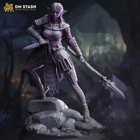 Dark Elf Female Ranger ,Fighter Polearm Master PC/ NPC Miniature | 28mm,32mm,54mm,75mm,100mm Scales | Dungeons & Dragons Pathfinder DM Stash