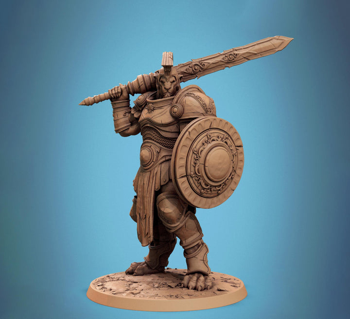 Leonin LionFolk Fighter in Armor | 28mm, 32mm, 54mm, 75mm Scales,100mm Tall | Dungeons and Dragons D&amp;D 5e | Pathfinder| Daybreak Miniatures