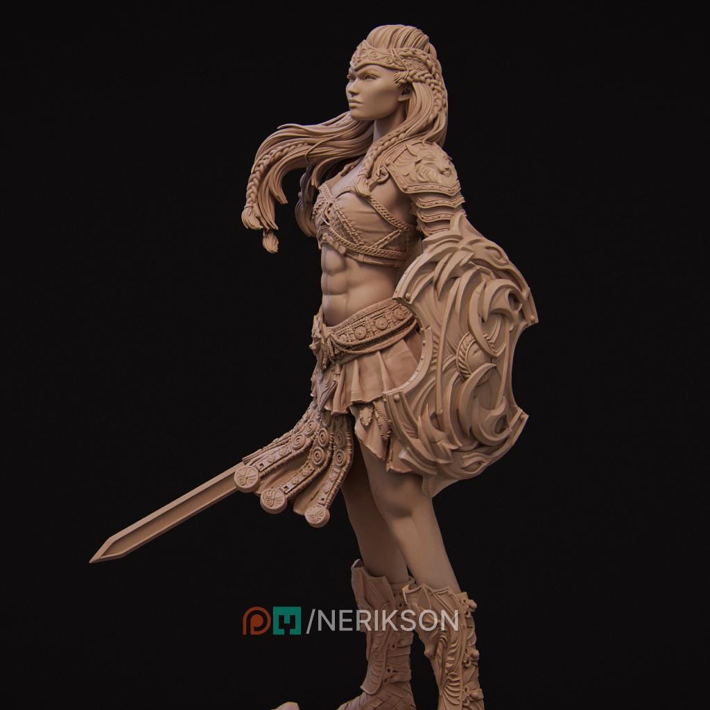 Human Female Fighter Gladiator PC / NPC Unpainted D&amp;D 5e | 28mm,32mm,54mm,75mm,100mm Scales | Pathfinder| Nerikson
