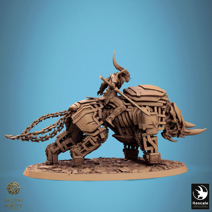 Daemon on Armored Muscular Beast Sword, Demon Devil Cavalry | Dungeons and Dragons 5e | 28mm,32mm,54mm,75mm Scale | Pathfinder