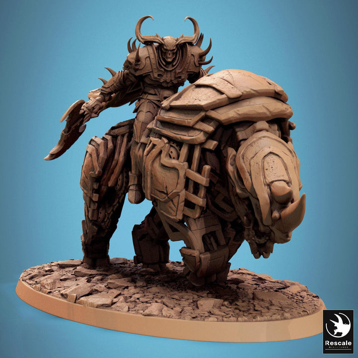 Daemon on Armored Muscular Beast Battle Axe, Demon Devil Cavalry | Dungeons and Dragons 5e | 28mm,32mm,54mm,75mm Scale | Pathfinder