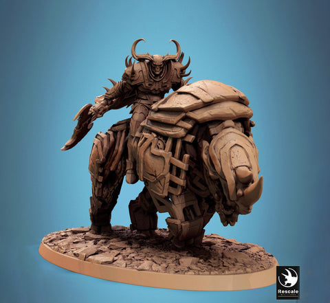 Daemon on Armored Muscular Beast Battle Axe, Demon Devil Cavalry | Dungeons and Dragons 5e | 28mm,32mm,54mm,75mm Scale | Pathfinder