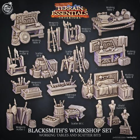 Blacksmith Workshop Set Scatter Props Terrain | Resin 28mm, 32mm Scales | Dungeons & Dragons 5e Miniature | Pathfinder RPG Tabletop DnD